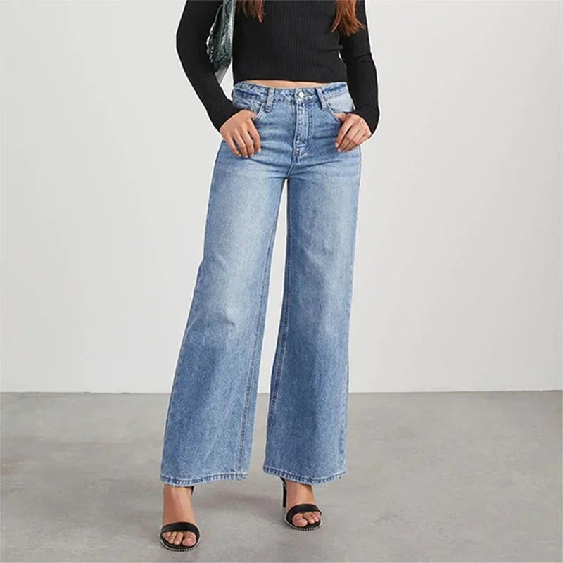 Fashion Back Pocket Broken Holes Straight Jeans Women High Waist Wide Leg Trousers Daily Comfortable Commuter Casual Denim Pants