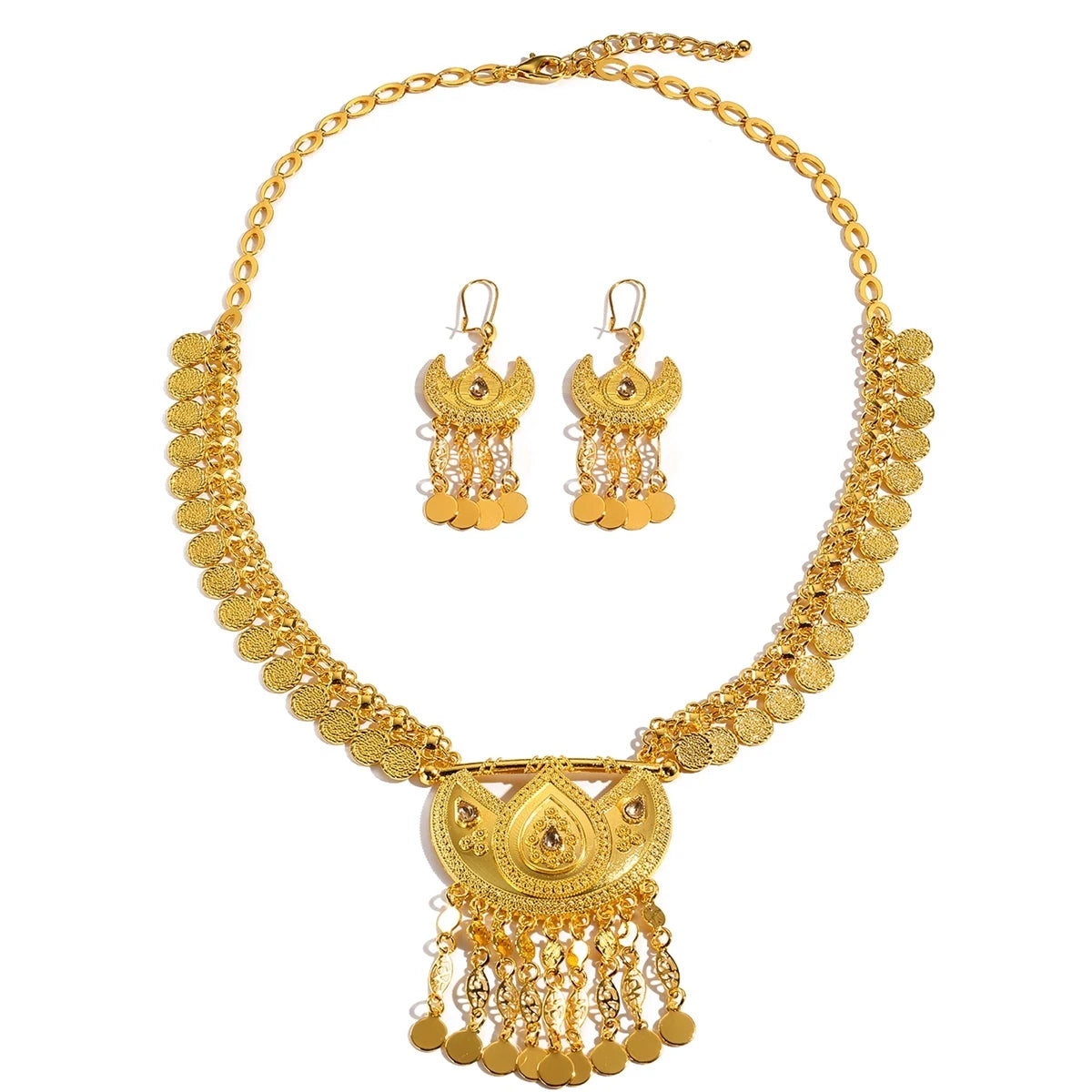 Women Arab Ethnic Golden Coins Crystal Moon Shape Necklace Earrings Wedding Jewelry Set