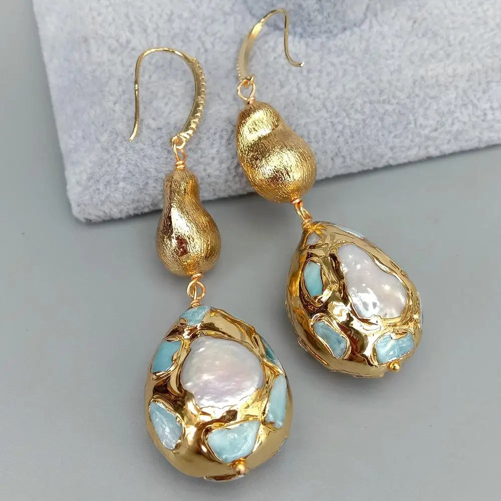 YYGEM natural Blue larimar Pave Cultured White Pearl Teardrop Shape Brushed Bead Dangle Hook Earrings