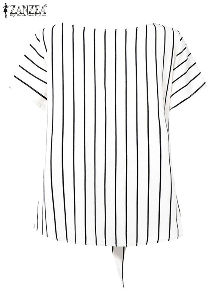 ZANZEA Women Fashion Tie-Front Striped Blouses 2025 Summer Stylish V-Neck Short Sleeve Tops Elegant Casual Commute Blusas Mujer