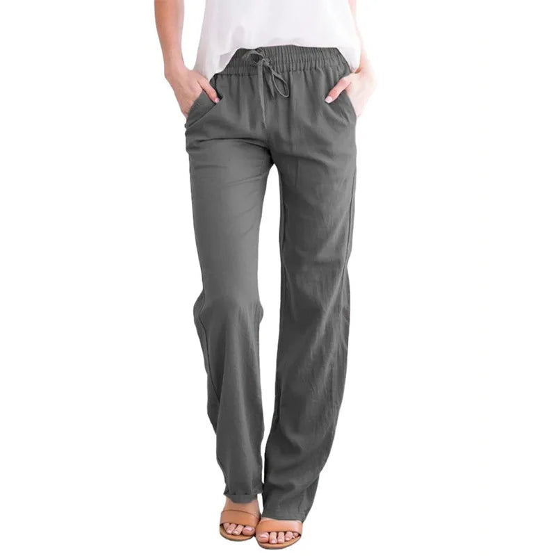 Women's Summer Cotton Hemp Drawstring Loose Relaxed Wide Leg Pants Trouser