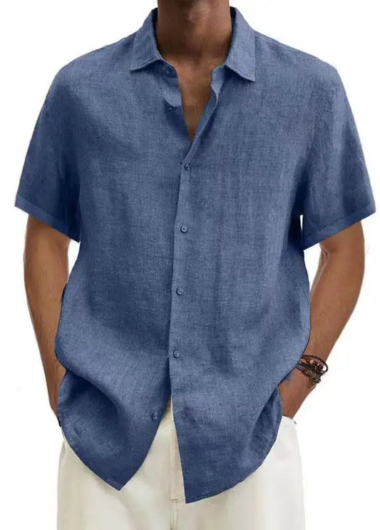 Men's Shirt Cotton Linen Short-sleeved Button Lapel Casual Office Summer Shirt for Male