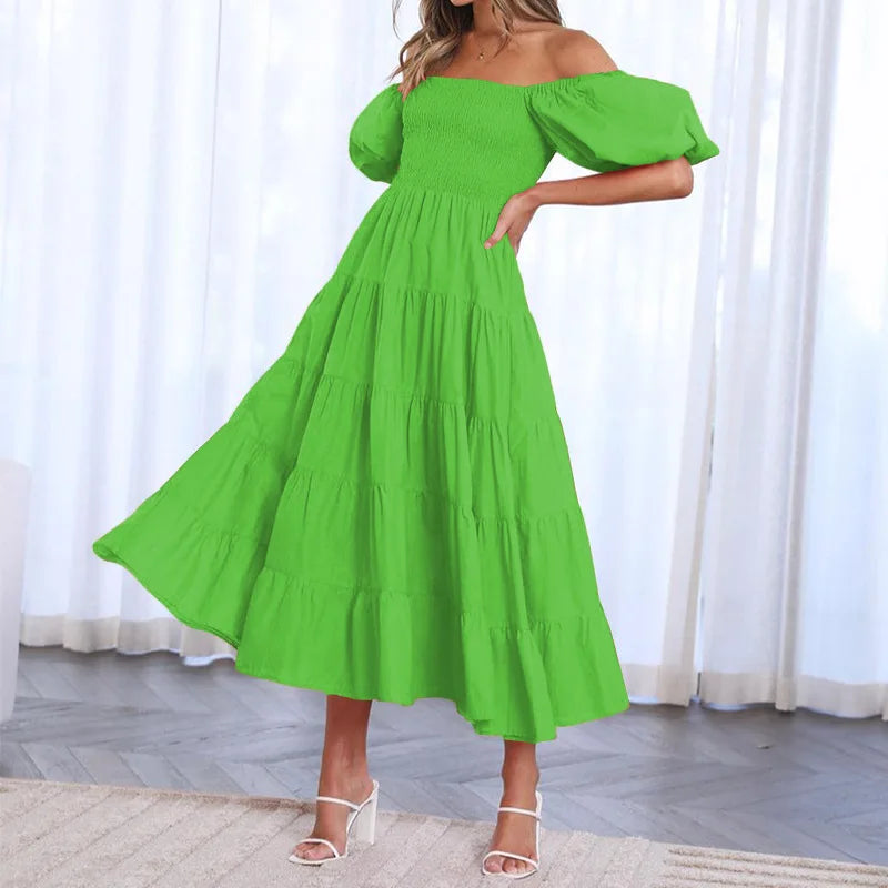 Women Off Shoulder Long Dress Summer Solid Color Short Puff Sleeve Slash Neck A-Line High Waist Mid-Calf Sundress