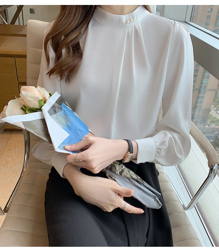Spring Autumn Satin Women's Blouses 2025 New Long Sleeve Beading Solid Stand Collar Workwear Office Lady Elegant Shirt Female
