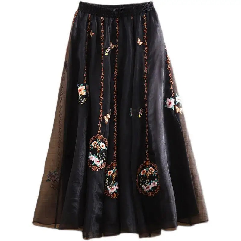 New Chinese Retro 2025 Autumn New Embroidered Mid-length A-line Skirt