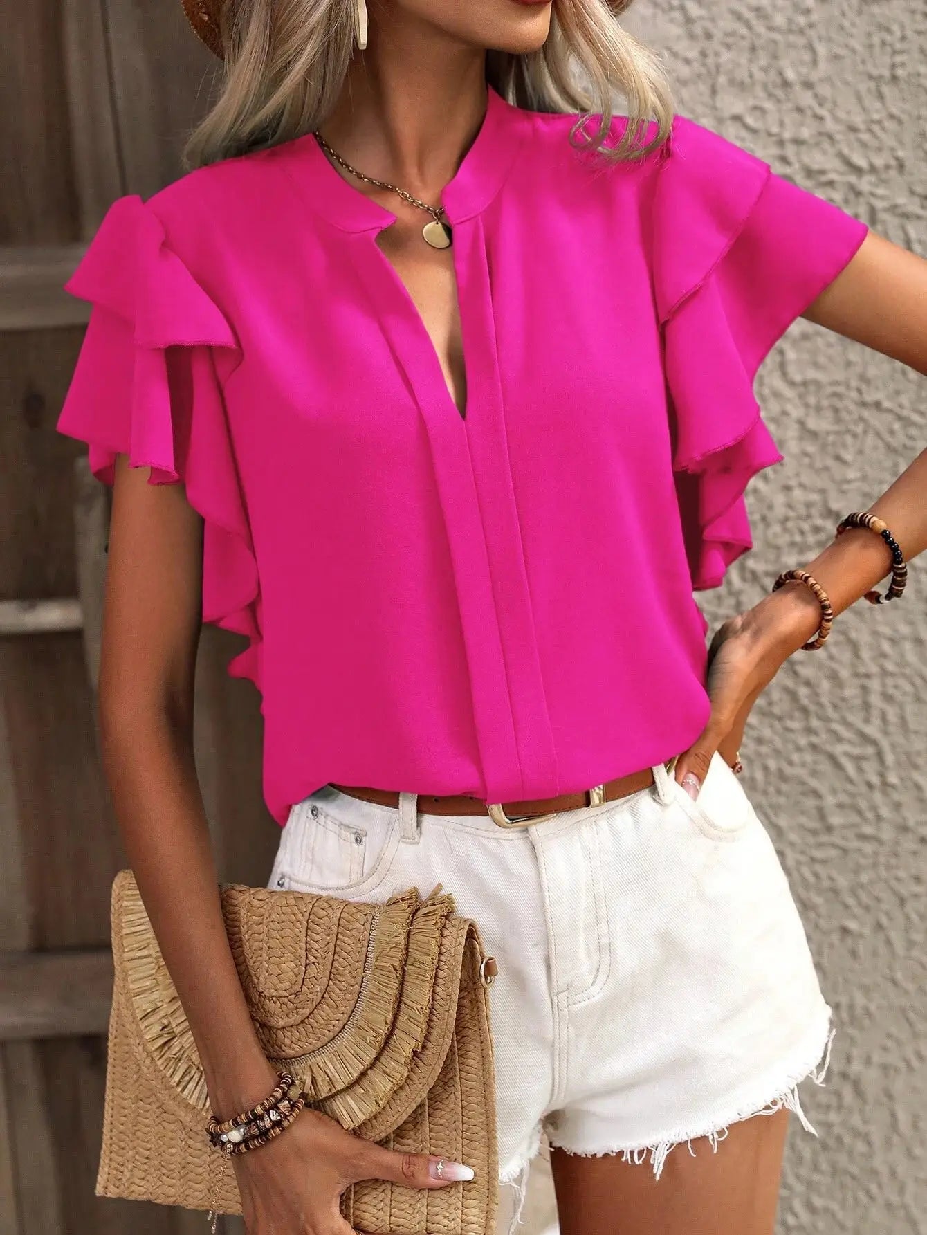 Women's Summer V-neck Casual Double Layered Ruffle Sleeves Solid Color Shirt Top Blouse