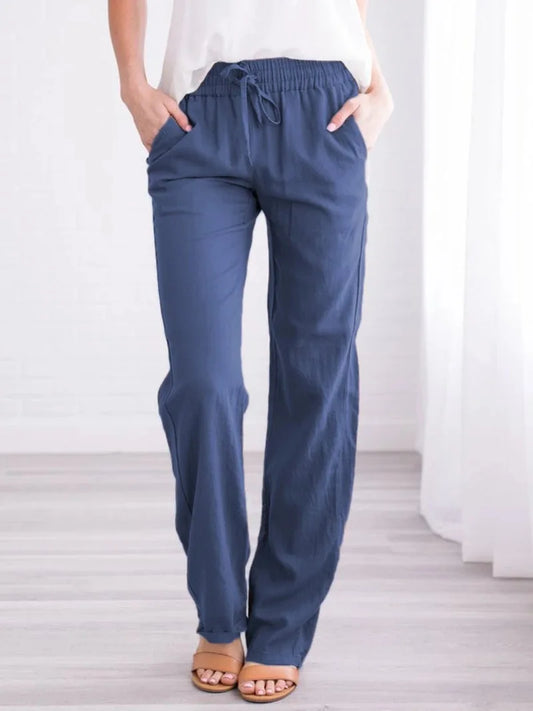 Women's Summer Cotton Hemp Drawstring Loose Relaxed Wide Leg Pants Trouser