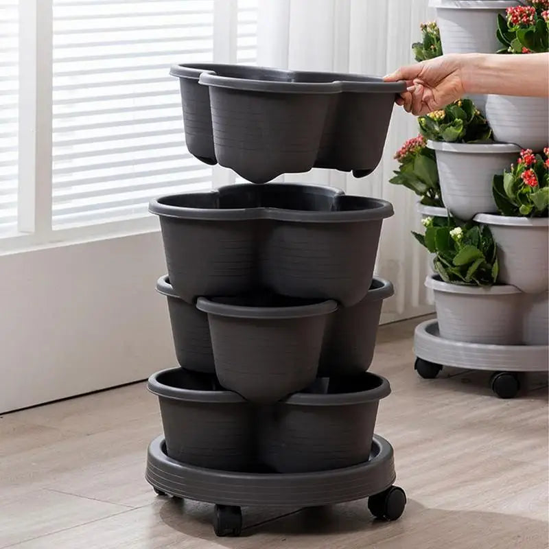 3Tiers Stackable Strawberry Planter with Wheels Vertical Gardening Pots Movable Flower Pot Caddy for Strawberry Flower Vegetable