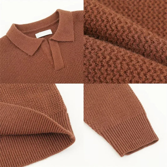Korean Fashion V-neck Pullover Sweater Men's Casual Long Sleeve Knitted Polo Shirts Y2K Vintage Lapel Knitwear jersey hombre