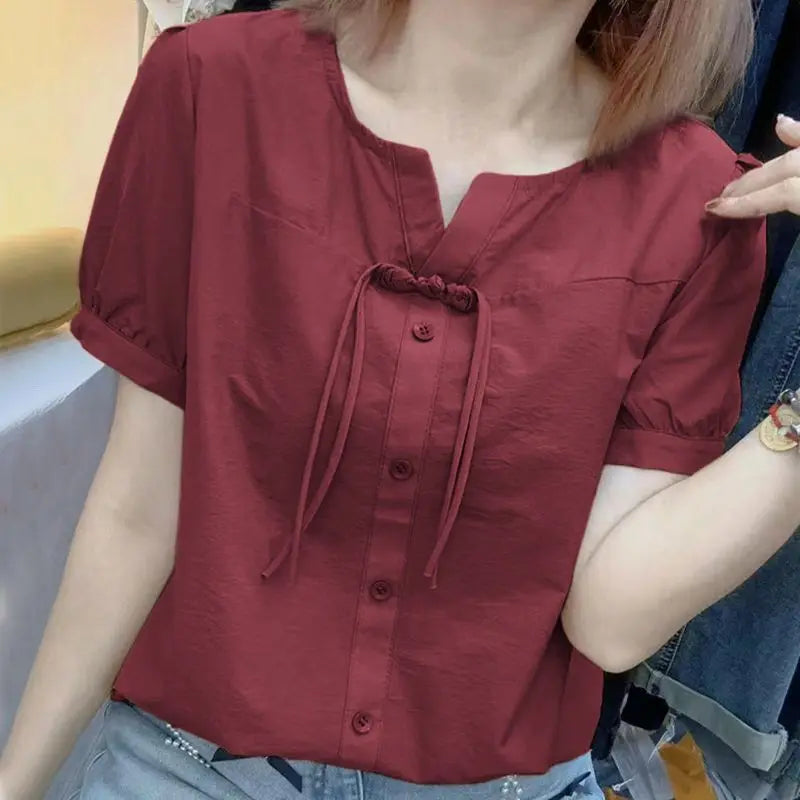 Summer New Cotton Chinese Style Drawstring Short Sleeved Shirt Women's Solid Round Neck Thin Button Waist Collection Loose Top