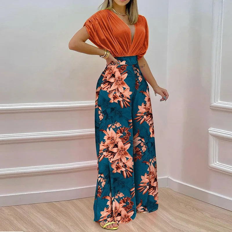 Summer New Printed Pants Sets Women Fashion Raglan Sleeves V-neck Cropped Top High Waist Wide Legs Trousers Two Piece Set Female