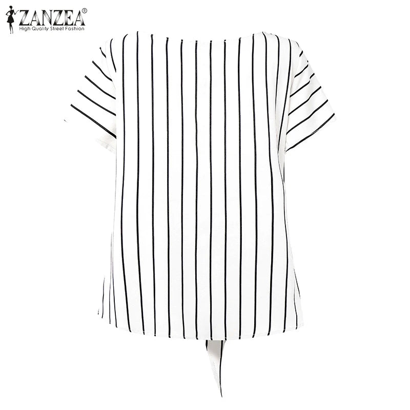 ZANZEA Women Fashion Tie-Front Striped Blouses 2025 Summer Stylish V-Neck Short Sleeve Tops Elegant Casual Commute Blusas Mujer