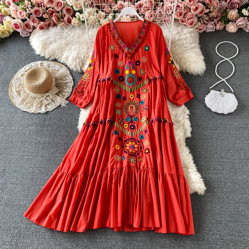 Vintage Chic Women Floral Embroidery Beach Bohemian Mini Dress Ladies Short Sleeve V-neck Cotton and Linen Boho Dresses Vestido