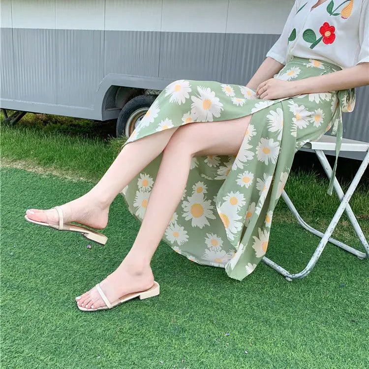 High Waist Long Skirt Wrap Dress Asymmetrical Hem Chiffon Floral Print Belted Midi Skirt for Short Women Summer Dress