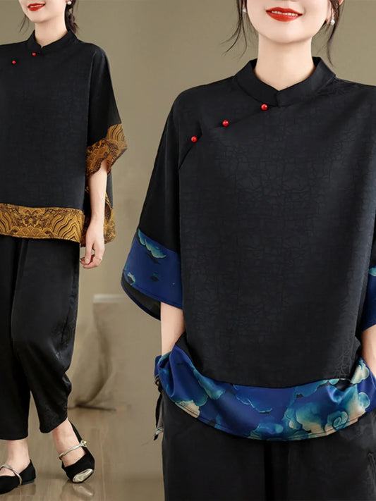 Mulberry Silk Chinese Style T-shirt for Women Spring Summer Fashion Vintage Patchwork Half Sleeve Cloud Embroidery Female Blouse