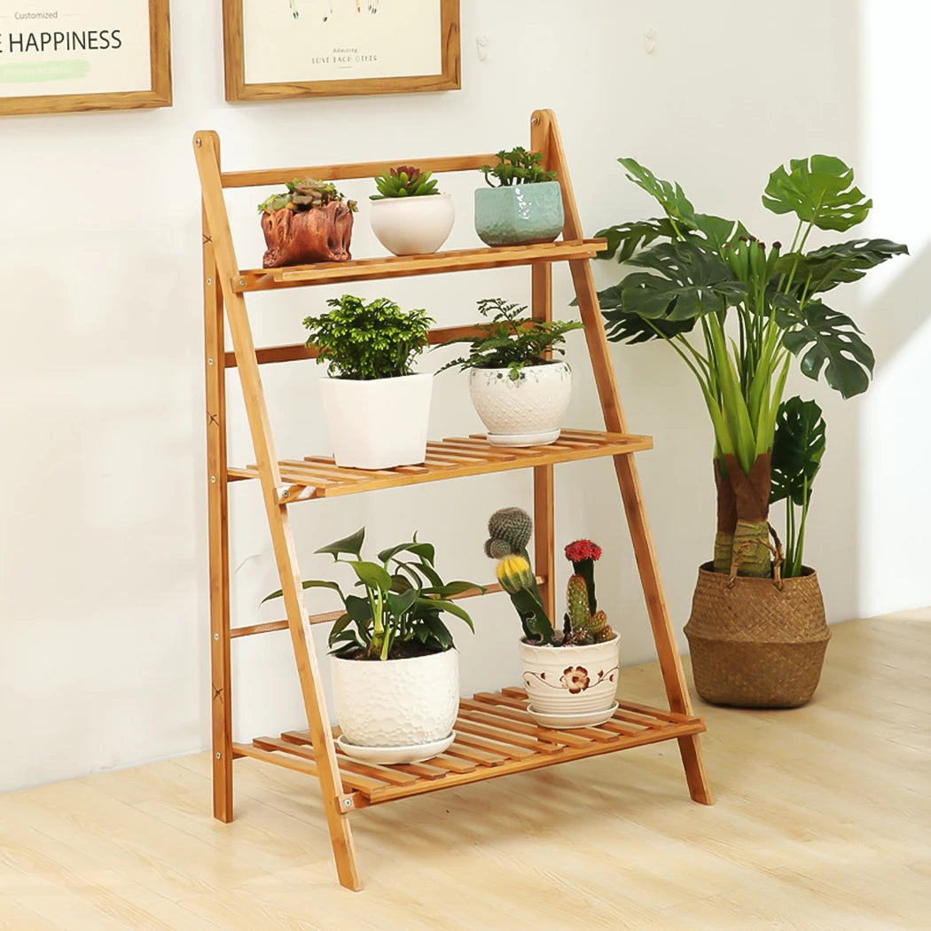 Bamboo Ladder Plant Stand Foldable Flower Pot Display Stand