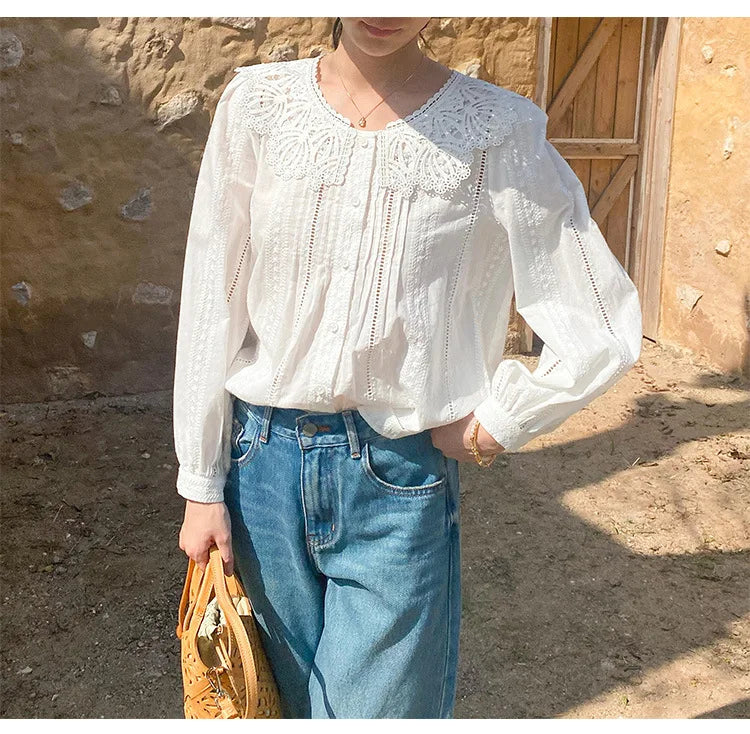 2025 Spring New Women's French White Shirt Splicing Lace Embroidery Design Ladies Shirt Long Sleeve Casual Holiday Beach Tops