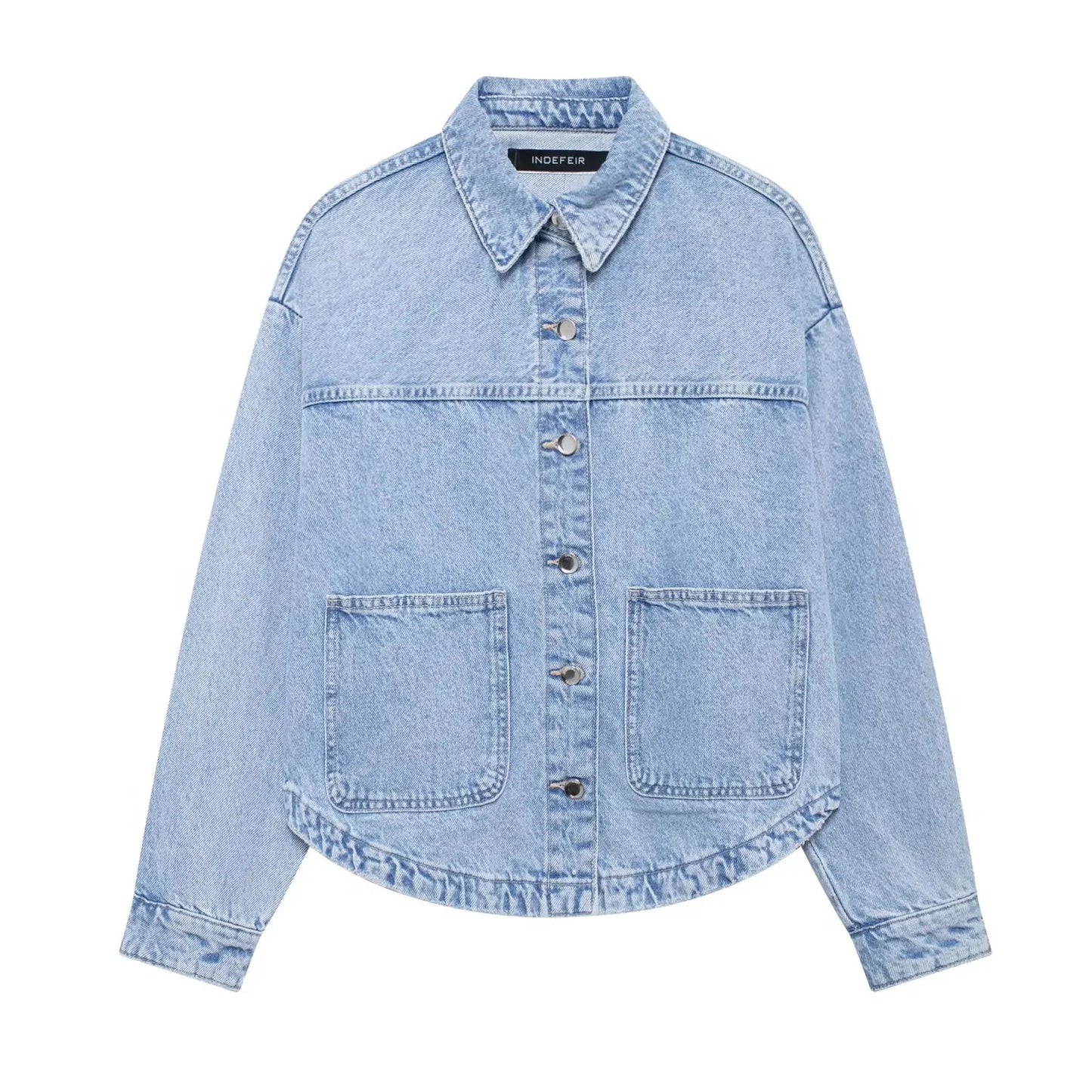 Women Denim Jacket Loose Patchwork Decorated Outerwear Casual Style