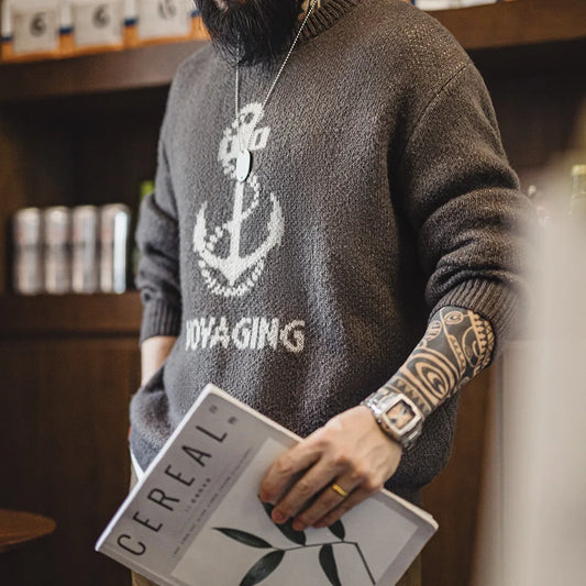 Maden Retro Knitted Printed Sweater Versatile Warm Ribbed Round Neck Pullover for Men's Autumn and Winter Base Layer Tops