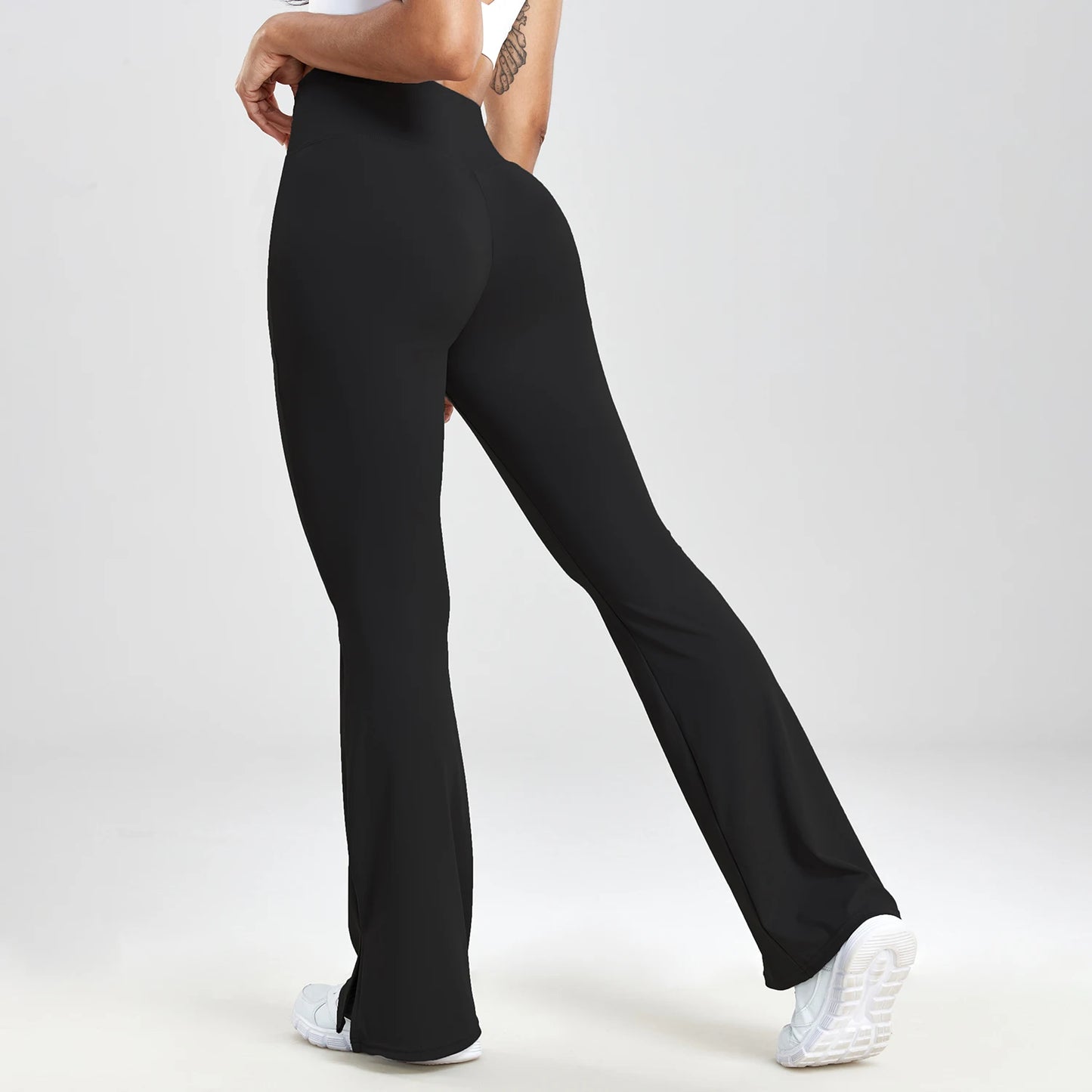 V-shaped Split Flared Pants Women Pockets Leggings Solid Color High Waist Casual Simple Style Pants Daily Office Elastic Legging