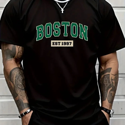 Boston EST1997 vintage printed men's new 100% cotton T-shirt Fashion casual loose summer cotton short-sleeved T-shirt