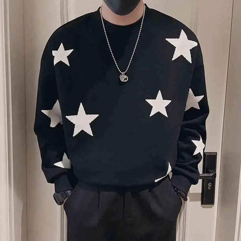 Autumn Harajuku Men Sweatshirts Black Long Sleeved T-shirt Men Clothes Stars Graphic top Crewneck for Men Streetwear 2024