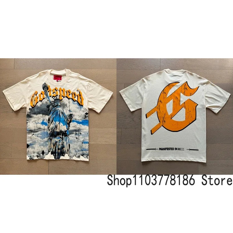 Classic White GOD SPEED T Shirts Letter Logo Seaside Holiday Scenery Print Godspeed Short Sleeve Unisex Tees Tops