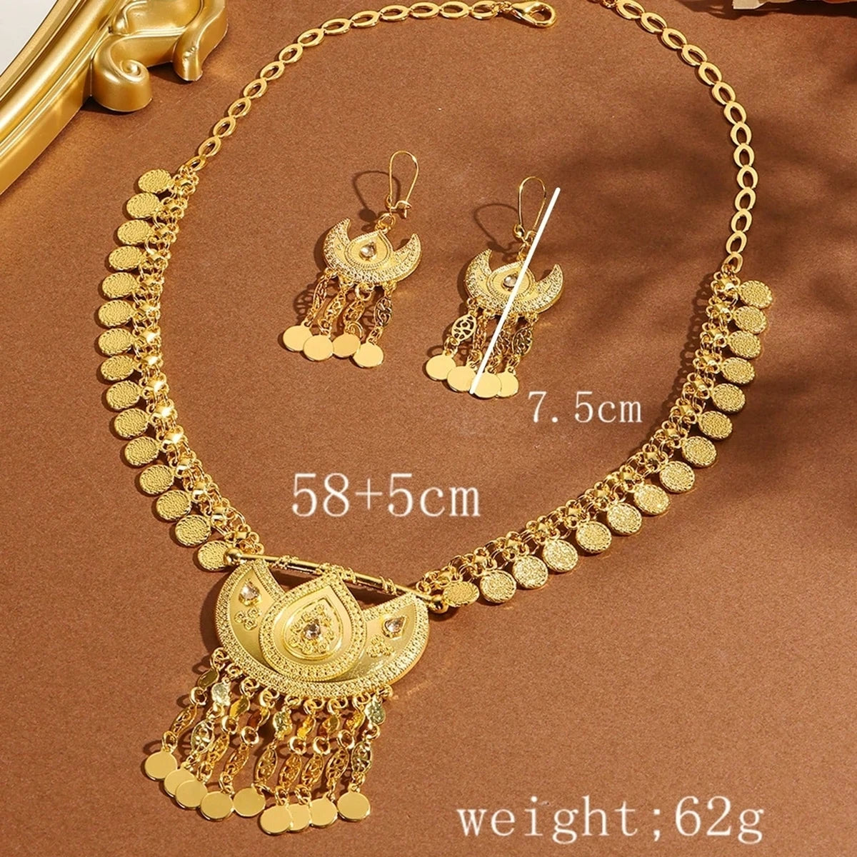 Women Arab Ethnic Golden Coins Crystal Moon Shape Necklace Earrings Wedding Jewelry Set