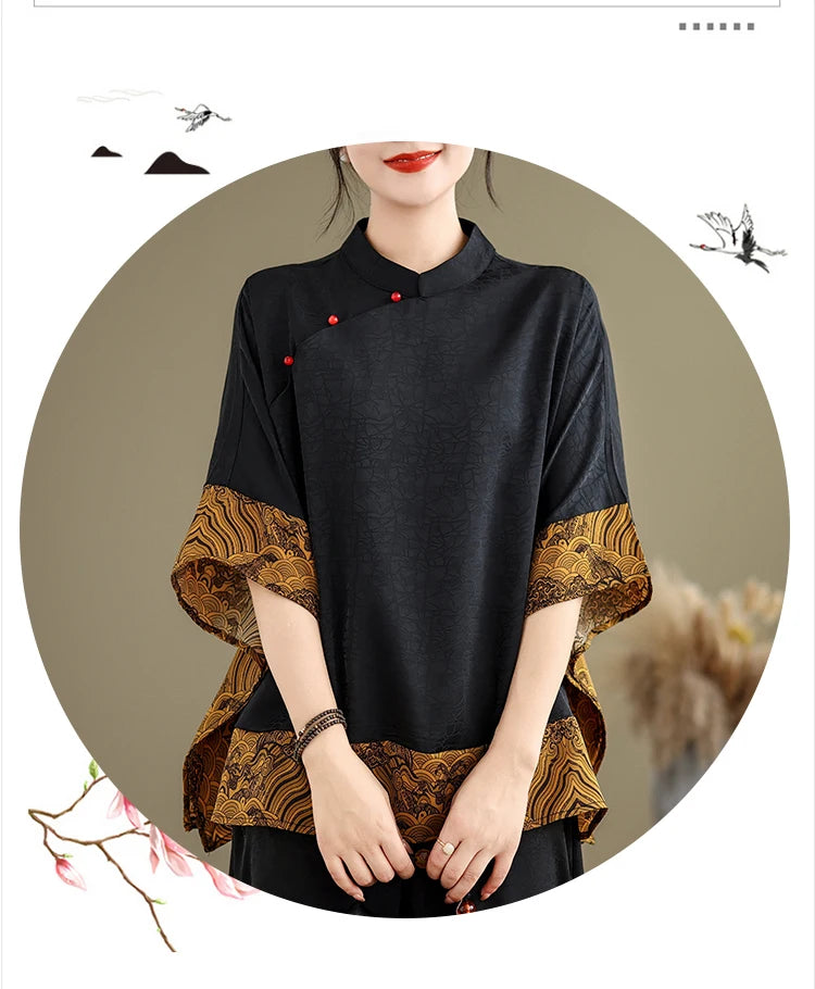 Mulberry Silk Chinese Style T-shirt for Women Spring Summer Fashion Vintage Patchwork Half Sleeve Cloud Embroidery Female Blouse