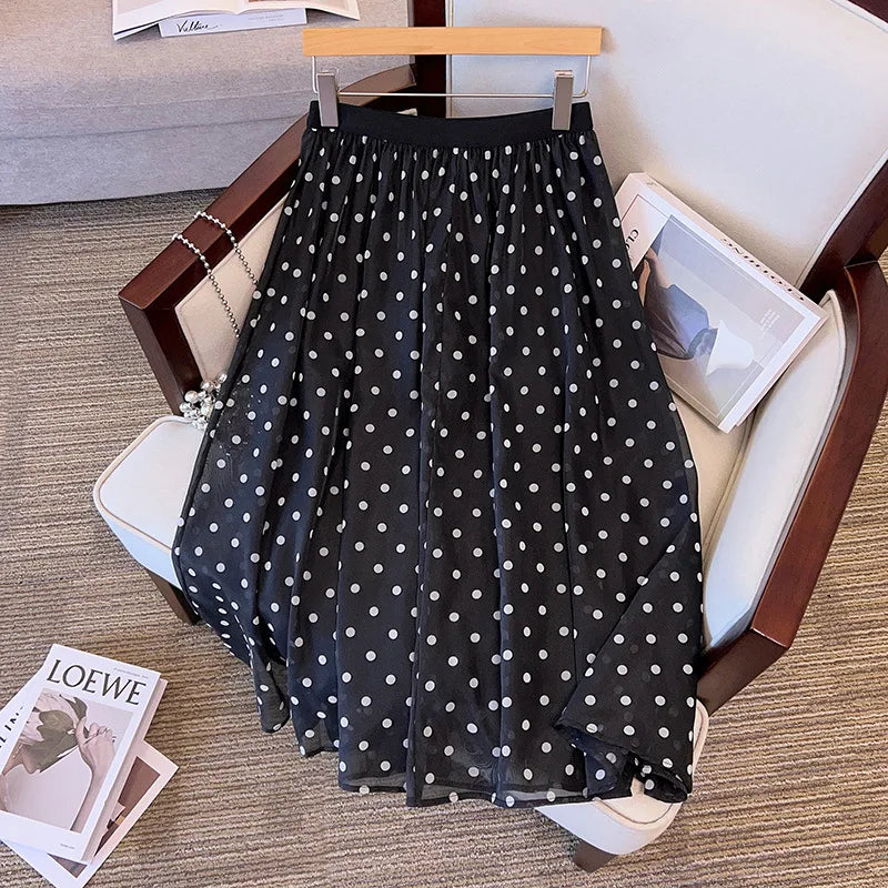175Kg Plus Size Women Hip 175 Summer Loose A-Line Polka Dot Chiffon Skirt Black Apricot 4XL 5XL 6XL 7XL 8XL 9XL