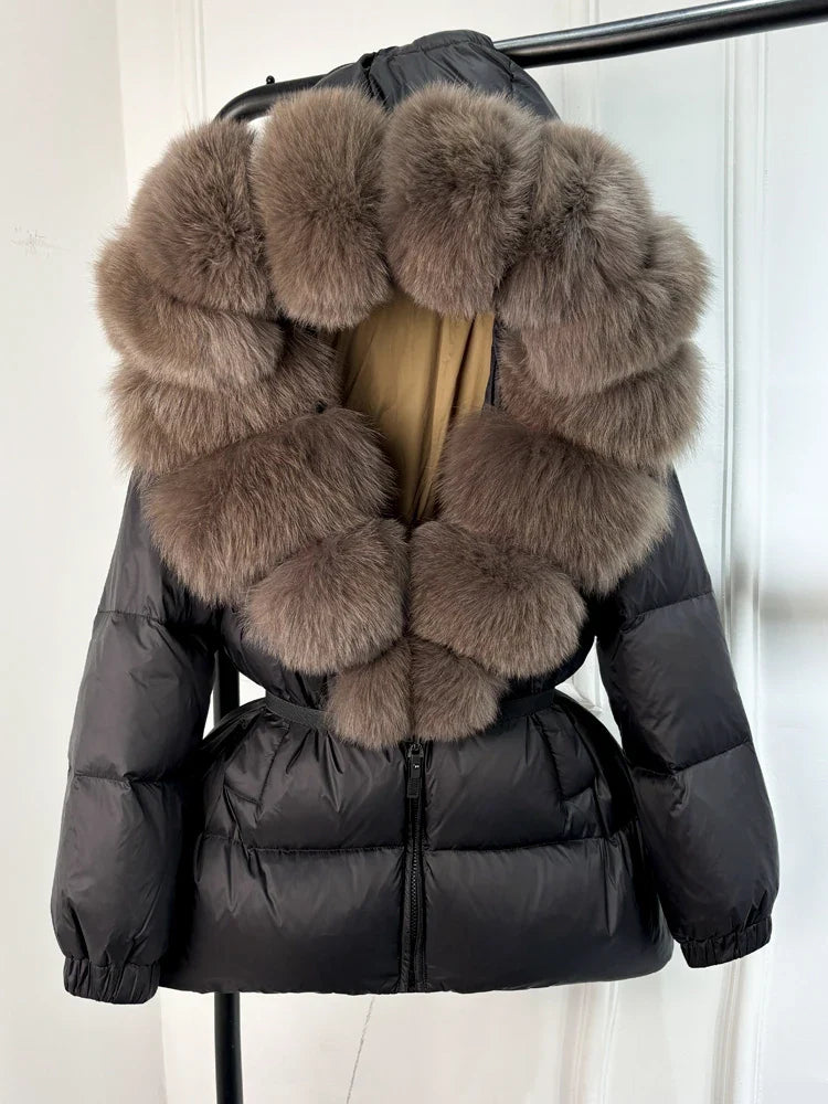 Janveny 2025 Winter Puffer Jacket Women Real Fox Fur Hooded Thick Warm 90% White Duck Down Coat Female Parkas Waterproof