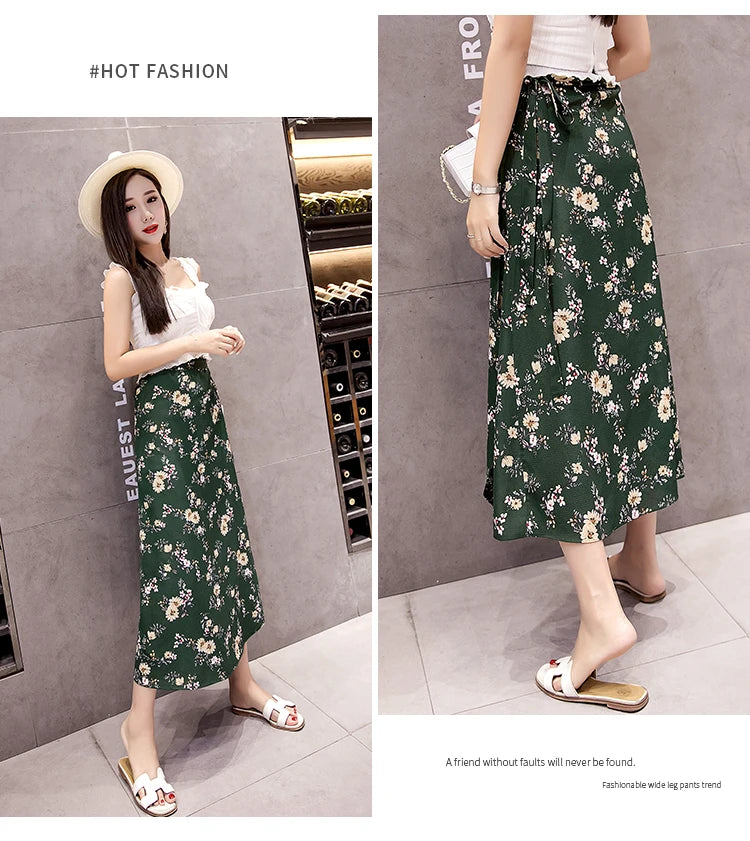 High Waist Long Skirt Wrap Dress Asymmetrical Hem Chiffon Floral Print Belted Midi Skirt for Short Women Summer Dress