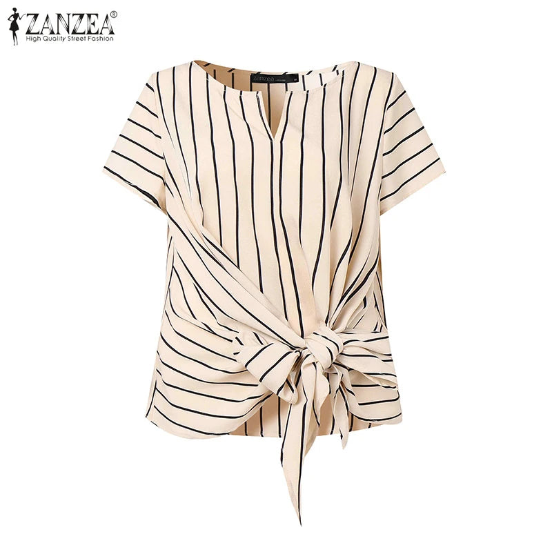 ZANZEA Women Fashion Tie-Front Striped Blouses 2025 Summer Stylish V-Neck Short Sleeve Tops Elegant Casual Commute Blusas Mujer