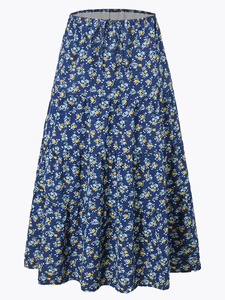Brown Long Skirt Women Summer Cotton Ruffle Floral Skirt Woman Luxury Green Tie Up Loose White Women Long Skirts High Waisted