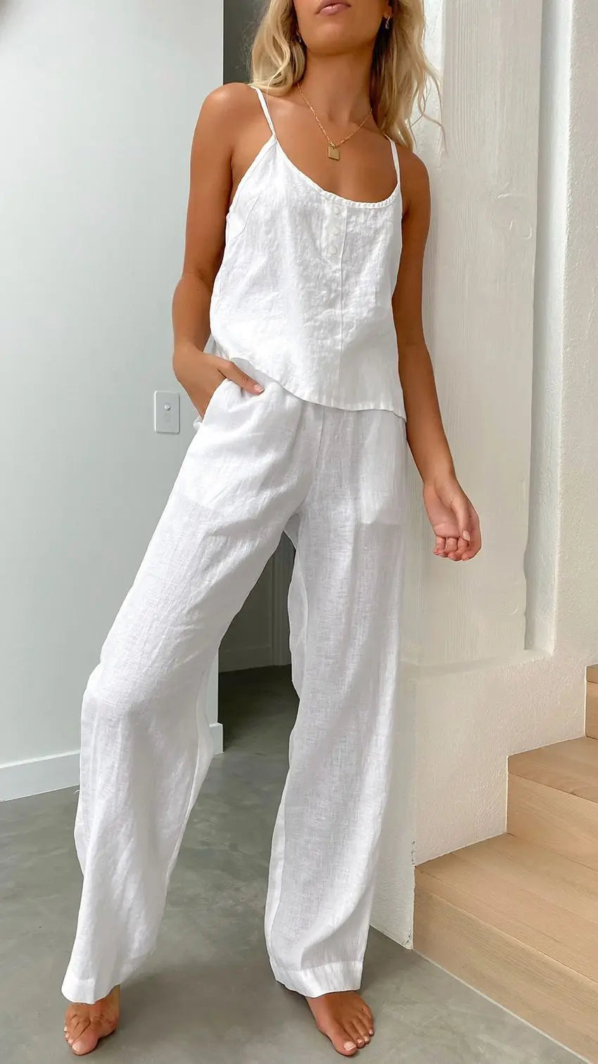 Cotton Linen Women's Suit Slip Vest Wide-leg Pants Suits Female Fashion Casual 2 Piece Sets Home Casual Clothes Ladies Sets 2025