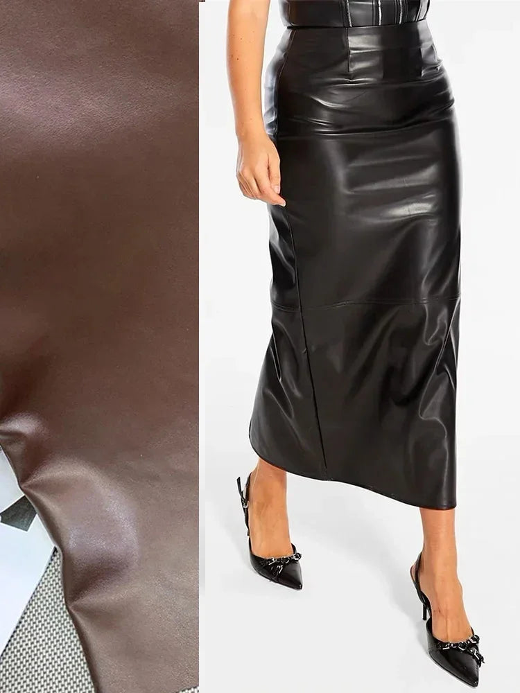 Women Plus Size Sexy Matte Leather High Waist Stretch Hem Split Midi Skirt 8XL 9XL Ladies V Neck Straight Skirts New Clubwear