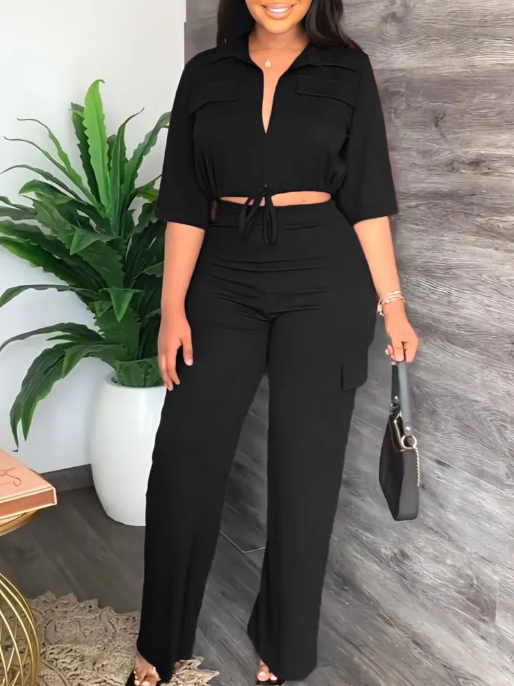 Elegant Office Women Two Piece Short Shirt + Wide Leg Trousers Set