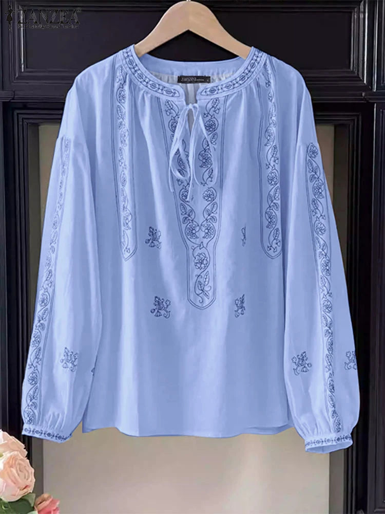 ZANZEA Ethnic Style Printing Woman Blouses Casual V-Neck Lace-Up Long Puff Sleeve Blusas Mujer 2025 Spring Summer Smock Tops