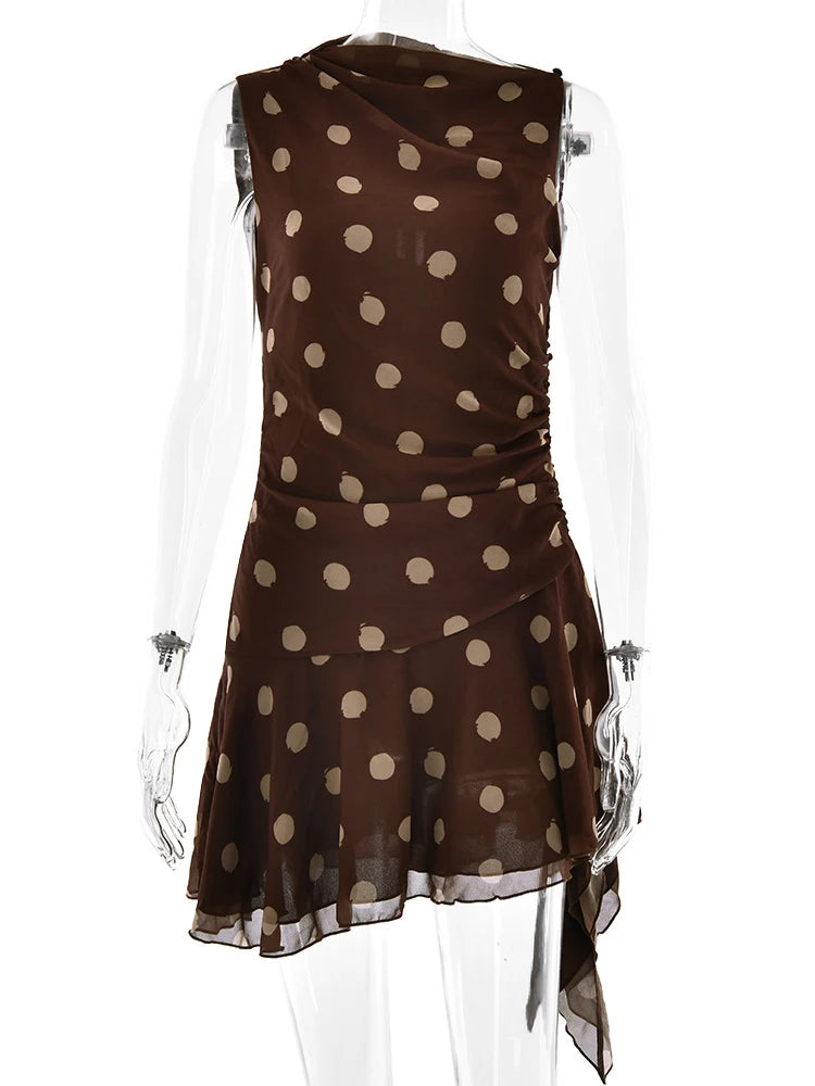 JULISSA MO Chiffon Print Polka Dot Ruched Women Dress Coffee Sleeveless High Waist Dress Spring Slim Elegant Party Club Outfits