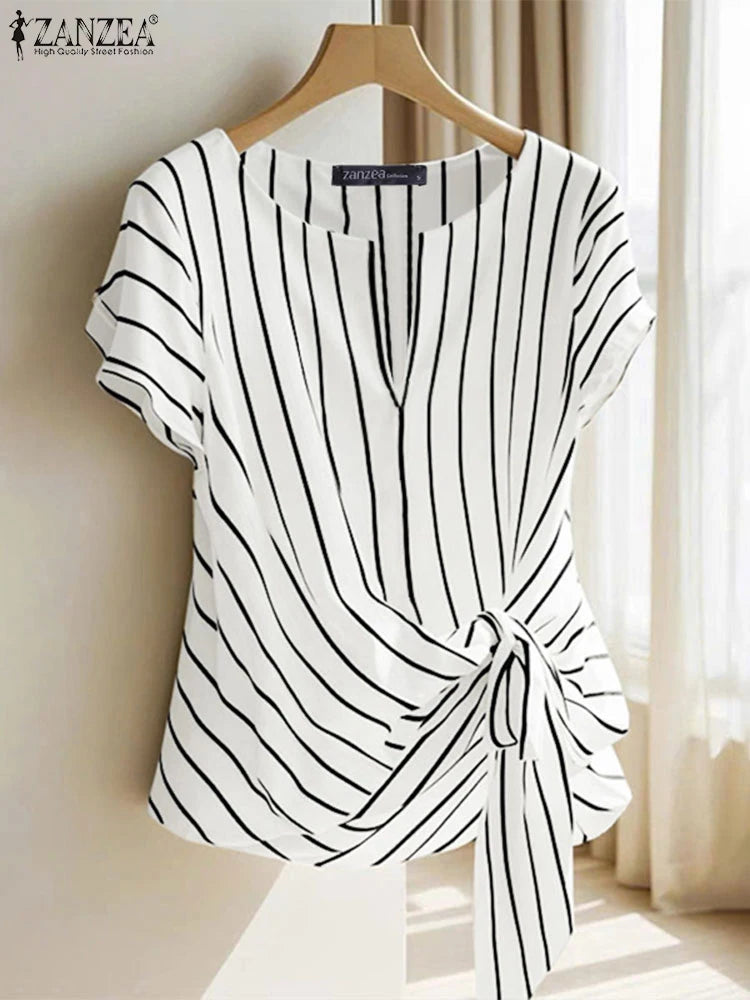 ZANZEA Women Fashion Tie-Front Striped Blouses 2025 Summer Stylish V-Neck Short Sleeve Tops Elegant Casual Commute Blusas Mujer