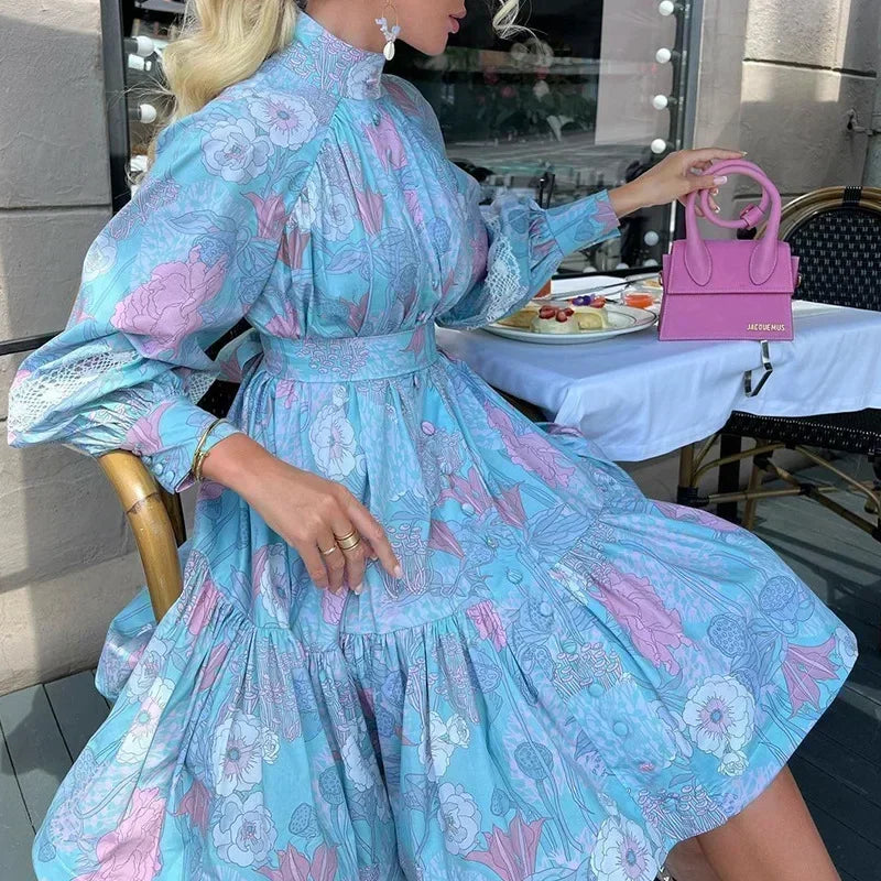 Women Lantern Sleeve Party Dress High-Waist Floral Print Fashion Elegant Large Swing A-Line Mini Dress Lace Holidy Short Dresse