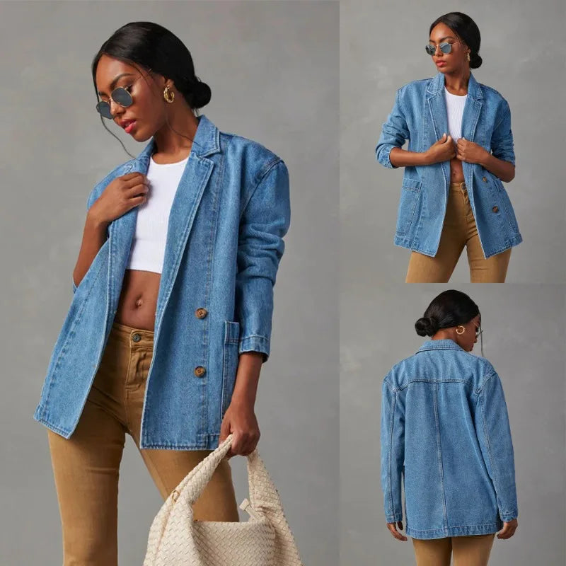 Retro Light Colored Heavy-duty Washed Denim Suit Jacket for Spring 2025, New Casual Semi Open Neck Women's Clothing