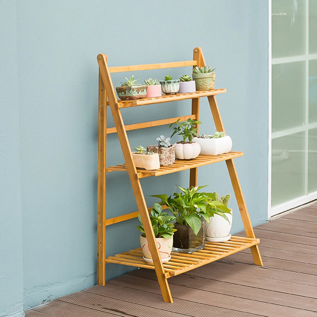 Bamboo Ladder Plant Stand Foldable Flower Pot Display Stand
