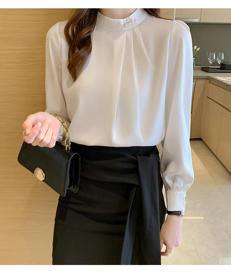 Spring Autumn Satin Women's Blouses 2025 New Long Sleeve Beading Solid Stand Collar Workwear Office Lady Elegant Shirt Female