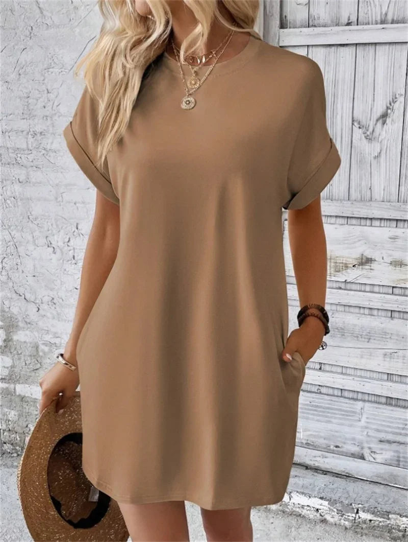 Fashion Solid Color Side Pocket Dresses Women Korean O Neck Pullover Dress Summer Female Comfortable Commuter Casual Short Gown