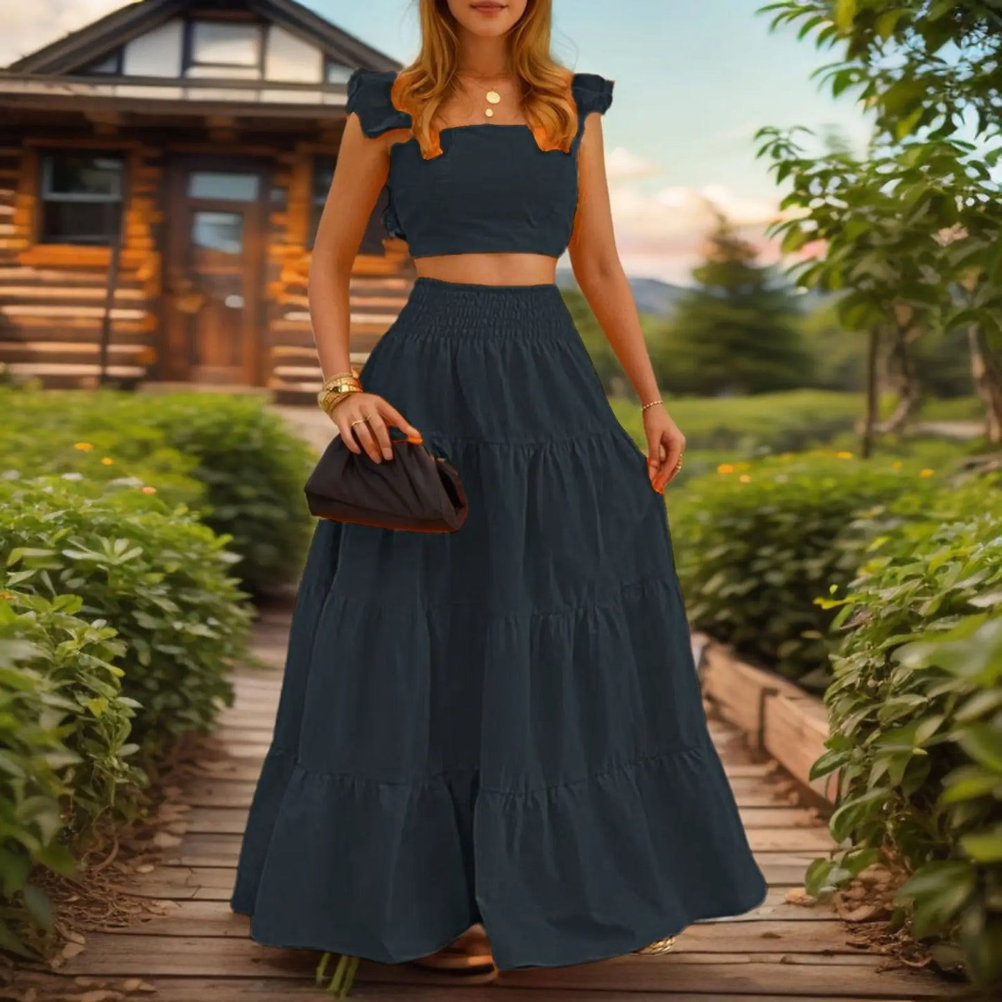 Y2k Two Piece Set Woman Clothing Spring/Summer New Elegant Sexy Collage Sleeveless Top and Longuette Skirt Suits Female 2Pcs Set