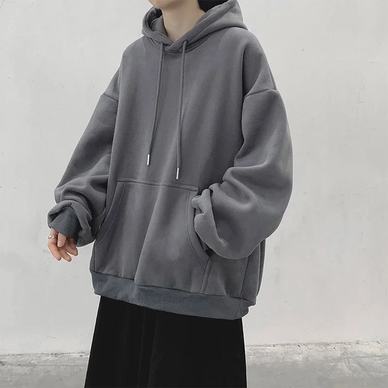 Dark Grey Hoodie Men Sweatshirt Autumn Winter Clothes Pure Color Y2k Pullover Top Boy Version Trend Loose Fleece Coat Oversized