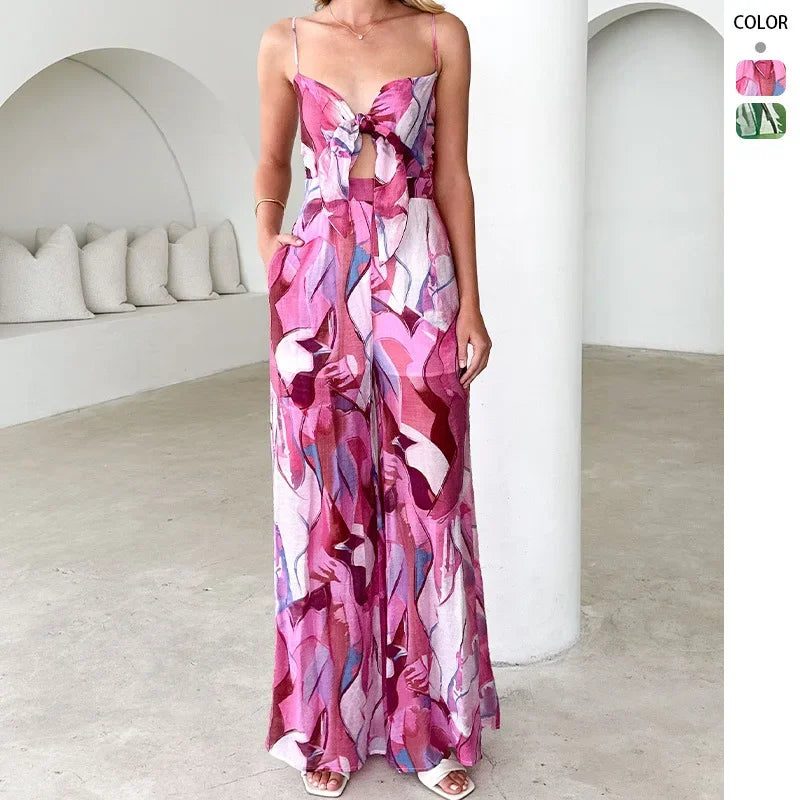 Women's Jumpsuit with Printed Suspender Straps, Bow Ties Flared Pants