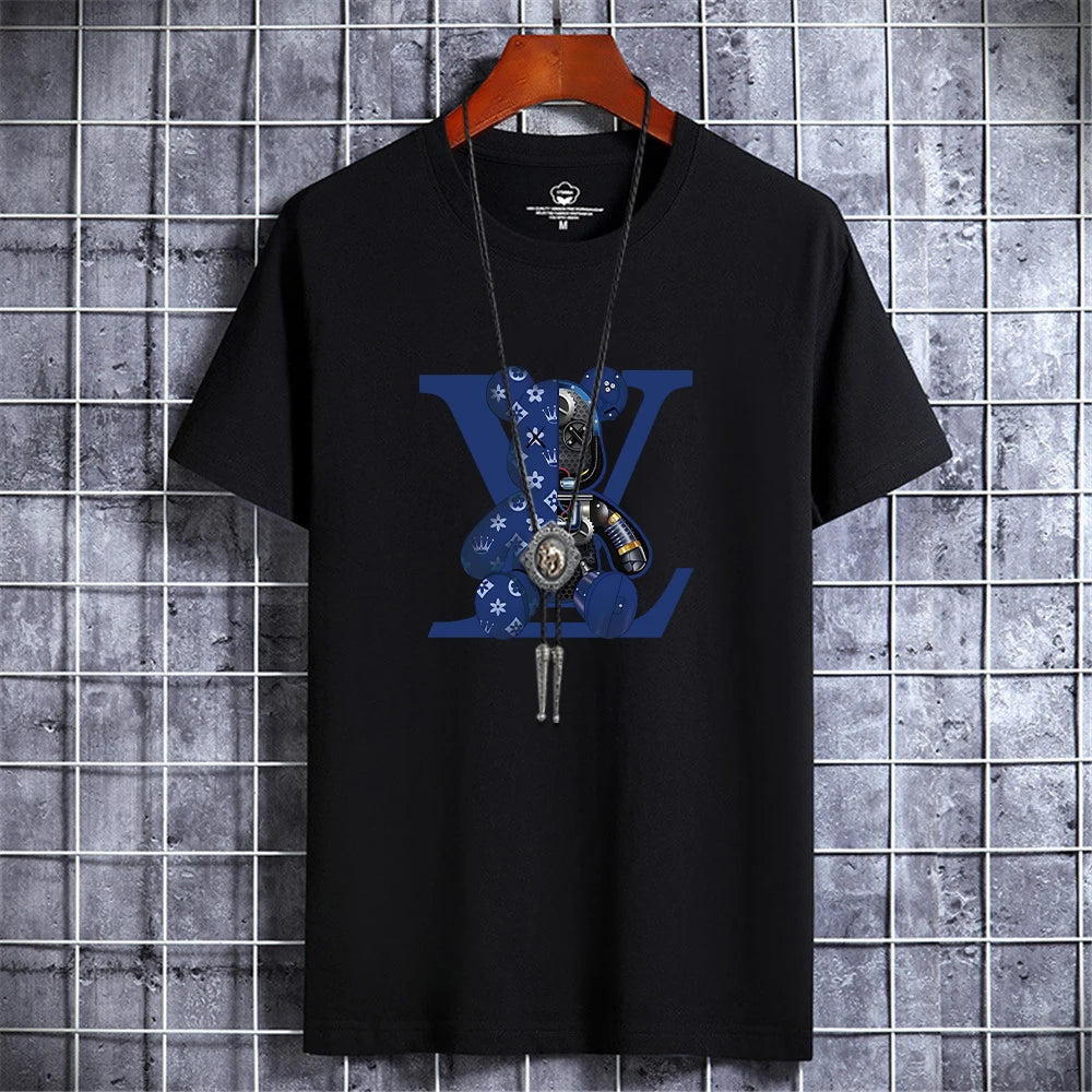 Summer Men's Luxury Casual T-Shirt Retro Y2k Designer Short Sleeve Tees Male Vintage Cotton Trendy High Quality Bear Print Tops