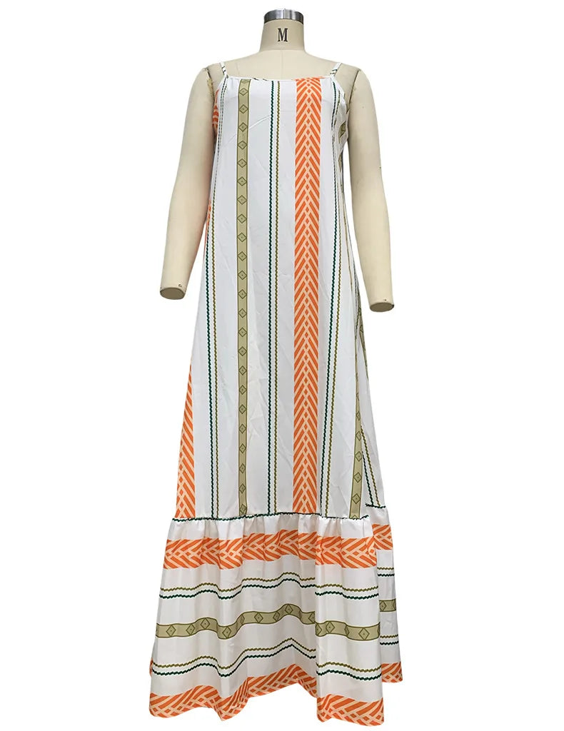 Striped Spaghetti Strape Dress Summer Casual Ladies Long Simple Backless Beach Sleeveless Party Dresses